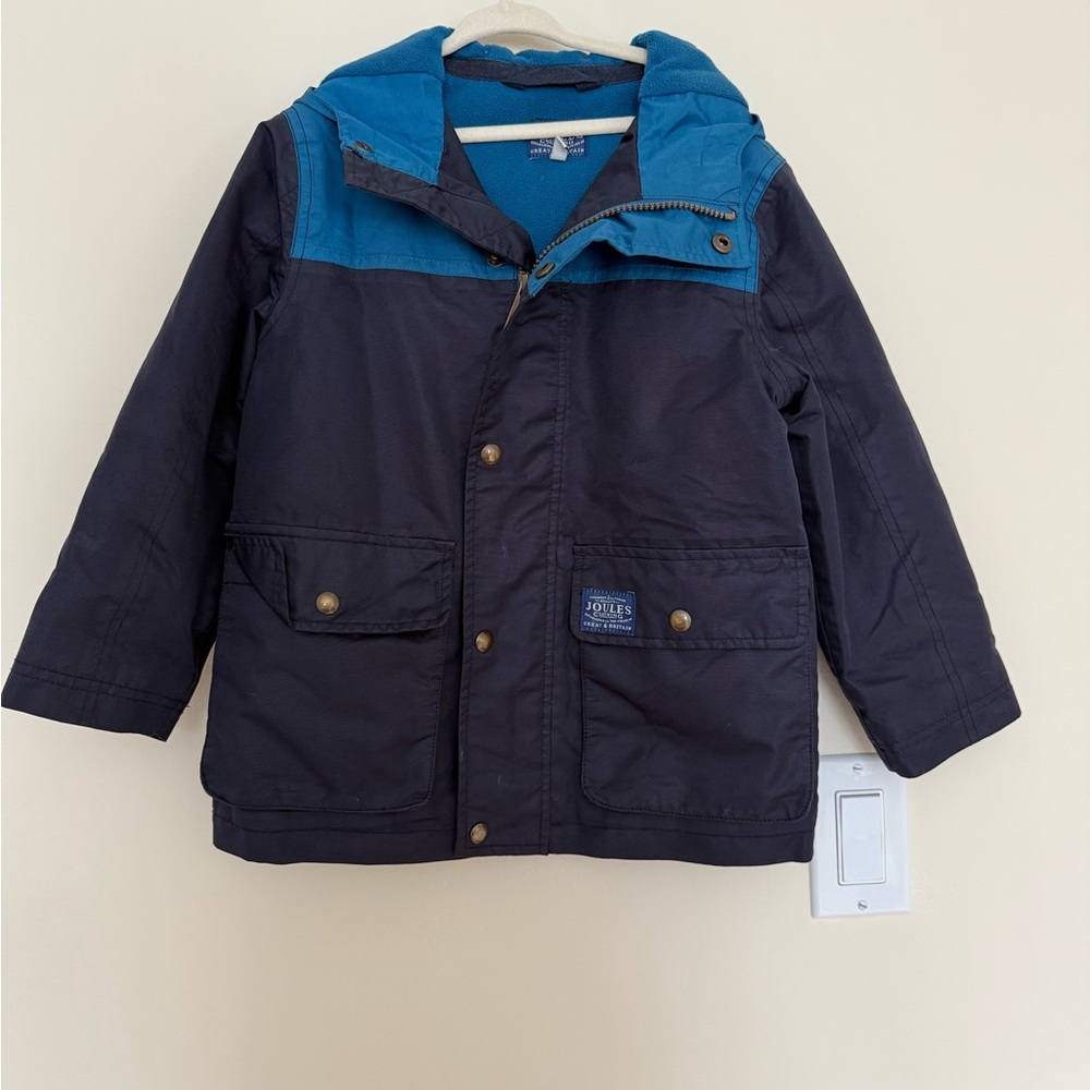 Joules Blue and Black Raincoat with Color Blocking Design